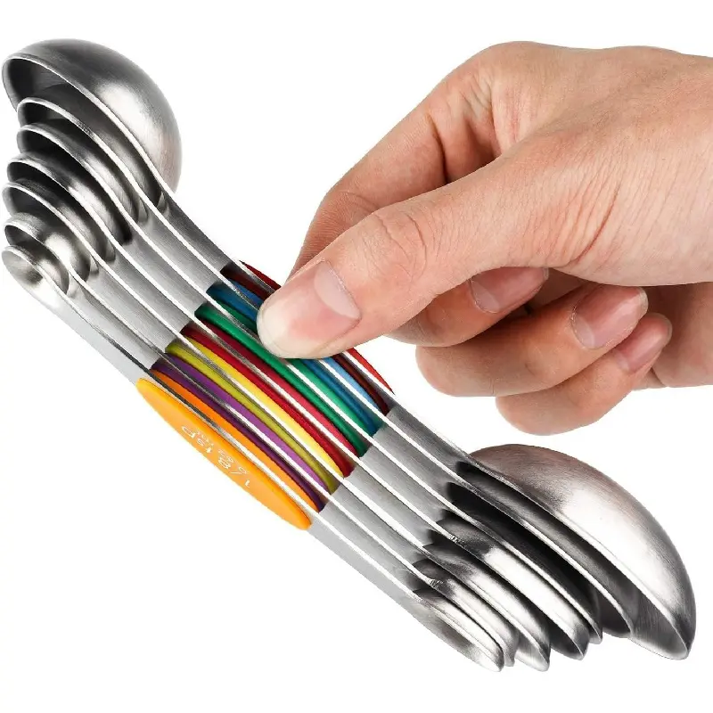 Magnetic Measuring Spoons Set of 7 Stainless Steel Stackable Dual Sided Teaspoon Tablespoon for Measuring Dry and Liquid Ingredients, Fits in Spice Jar