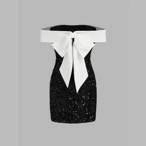 Cider [size 0-10] Sequin Off-shoulder Solid Bowknot Mini Dress