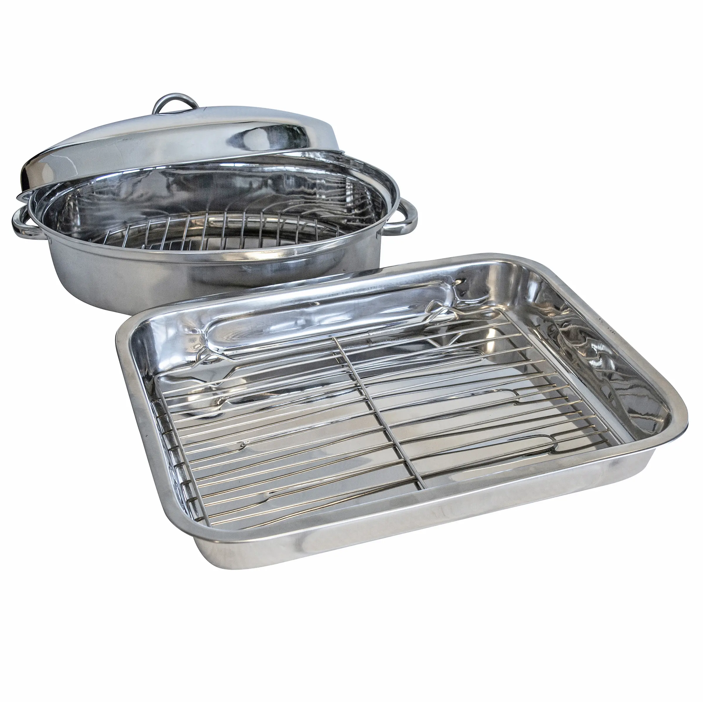 AmeriHome Stainless Steel Roasting Cookware & Bakeware Set - 14" Oval Roaster with Lid, 1 Stainless Steel Baking Tray, Elevated Wire Grate for Cooking
