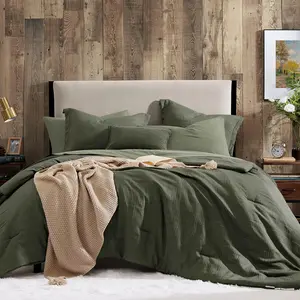 Dark Olive Green Full Comforter Set - 7 count Comforter Full Size, Solid Bedding Set for All Season, Textured Bed in a Bag with Sheets
