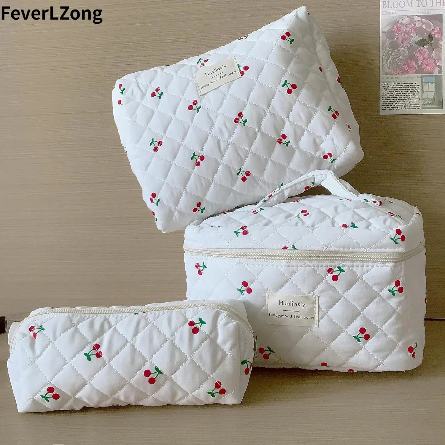 FeverLZong Cherry Blossom Cotton Makeup Bag Set - Quilted Design with Zipper Closure for Travel & Storage makeup brush floral pattern 3pc  bag  set pouch  organizer  singles