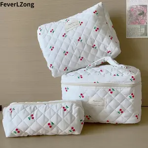 FeverLZong Cherry Blossom Cotton Makeup Bag Set - Quilted Design with Zipper Closure for Travel & Storage makeup brush floral pattern 3pc  bag  set pouch  organizer  singles
