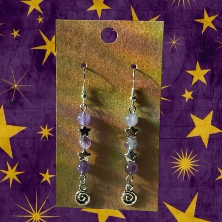 handmade amethyst and silver star beaded purple spiral earrings️