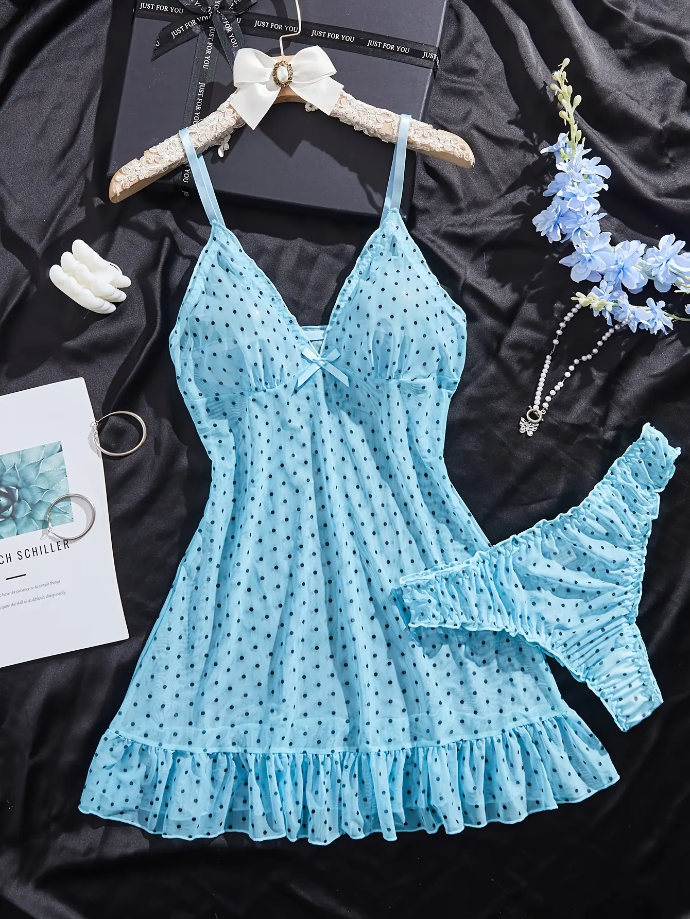 Women's 2-Piece High-Stretch Sleeveless Spaghetti-Strap Polyester Nightgown Set with Bow, Ruffles, Lace & Slip-On Panties - Chic, Lightweight, Breathable Loungewear, Holiday Gift for Women