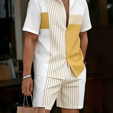 Men's Striped Patchwork Short Sleeve Shirt Set, Matching Summer Casual Fashion Two-Piece, Co Ord Set, Shorts Pair, Block Design, Tropical, Menswear, Outfit Sets