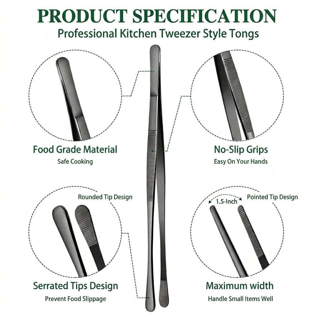 Kitchen Tweezers Tongs Set - 2-Pcs 12-Inch Stainless Steel Black Kitchen Utensils with Anti-Slip Serrated Grip, Precision Tips for Food Preparation, Barbecue