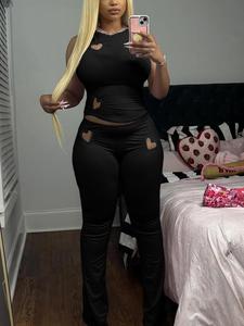 two-piece set women's heart shaped hollow out tank top & pants, casual fashion cozy breathable slim clothing set for daily outdoor wear, ladies clothes for spring & fall, womenswear, outfit sets women, vacation sets