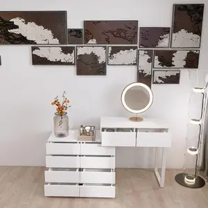 Luxe Divine Collection ~ Extended Desktop Vanity with 10 Drawers Chest Of Drawer Without Handle White LED