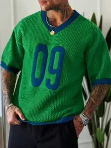 Men's Summer Sport Style Knit Sweater, V Neck Breathable Hollow Out Design Pullover, Casual Fitted Stars Pattern Top