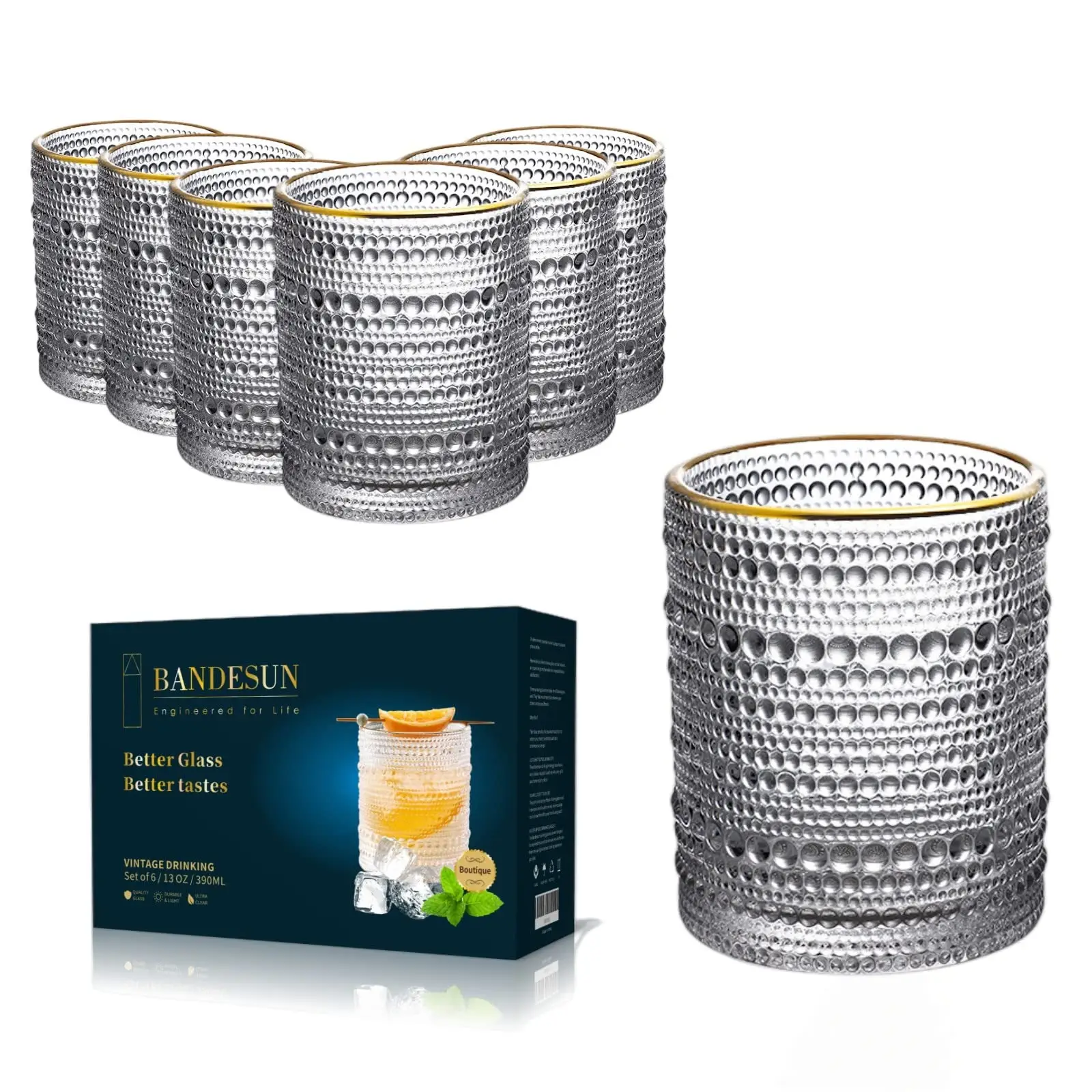 6 Pcs 12Oz Romantic Water Glasses, Premium Drinking Glasses Tumblers for Beverages, Beer, Refreshments, Vintage Glassware Set for Dinner Parties, Bars