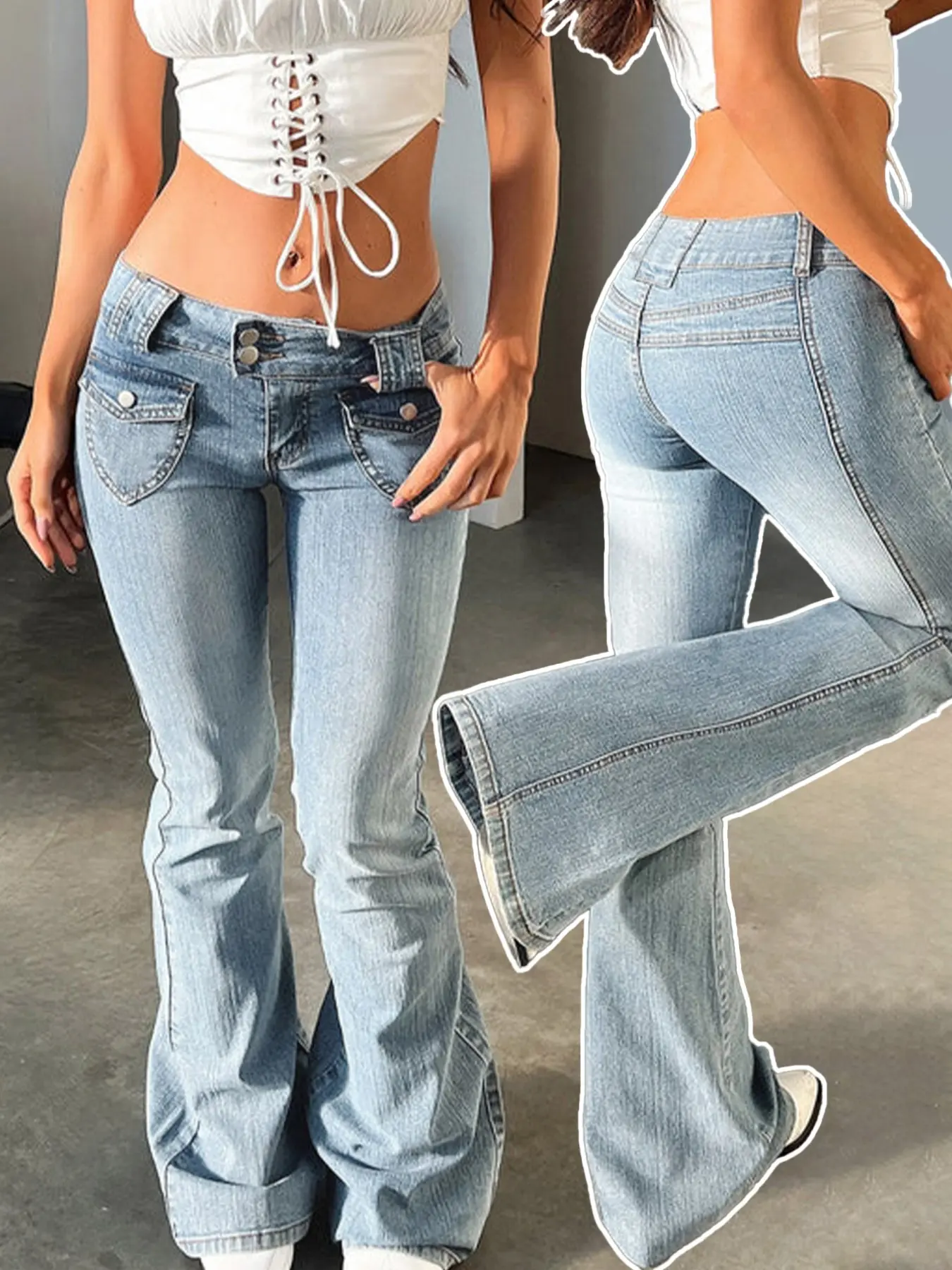 2026 Autumn Winter Women’s Long Denim Trousers, American Y2K Basic Casual Style, Chic Elegant Silhouette, Stretch Slim Micro Flared Cut, Blue Light Wash Structured Stiff Denim Fabric, Classic Flap Pocket Detail, Versatile for Daily Fashion Outfits Jean