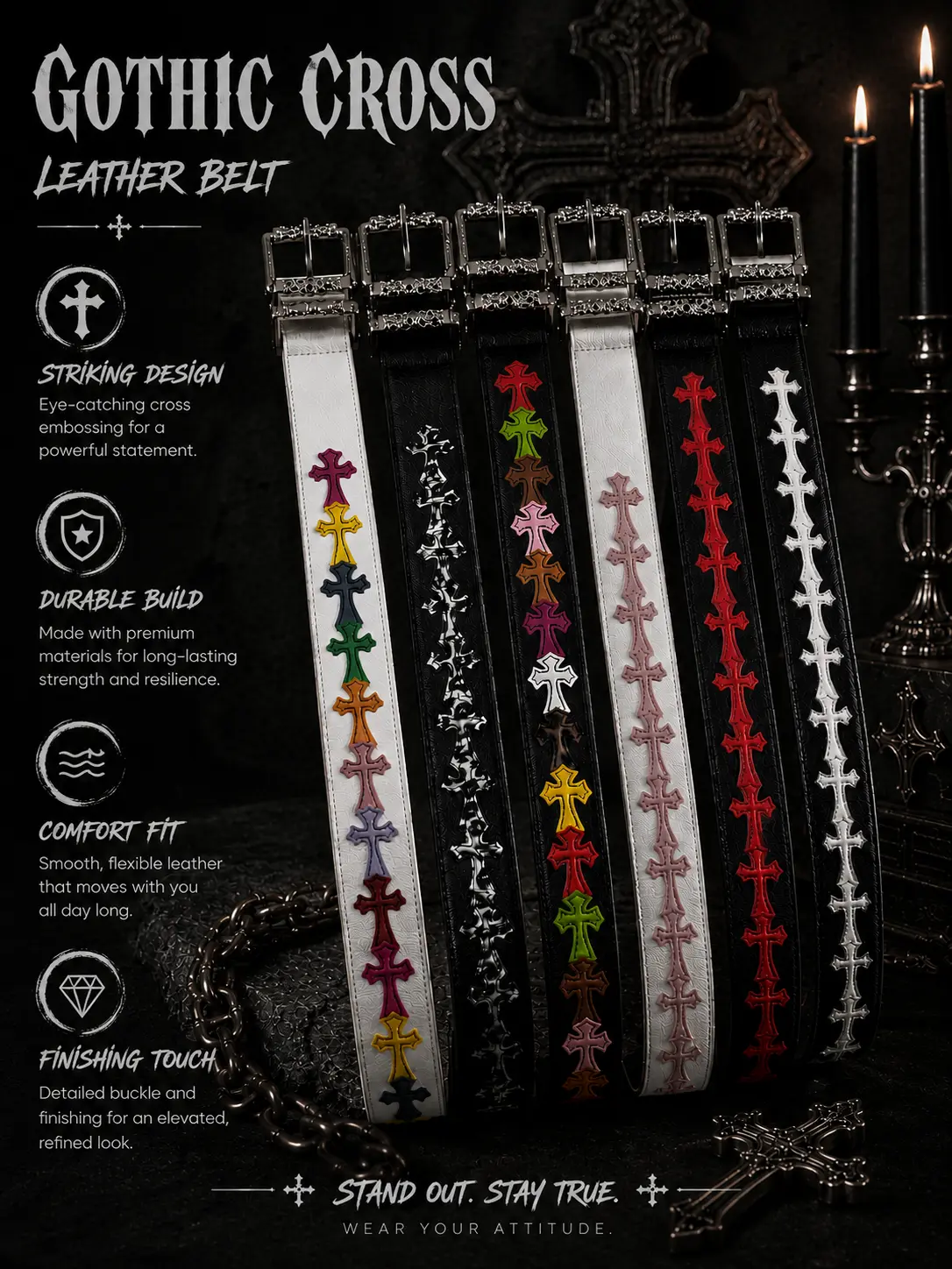 Unisex Gothic Cross Leather Belt, Y2K Vintage Punk Style Belt with Decorative Metal Buckle, Colorful Cross Design, Casual Streetwear Fashion Accessory for Men & Women