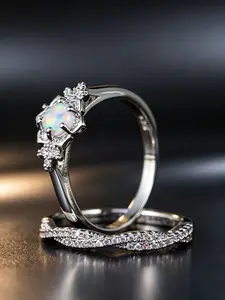 2PCS Women's Imitation Opal Bridal Ring Set, Double Twist Band Crystal Design, Romantic Luxury Style, Hypoallergenic & Fade Resistant, Perfect for Proposal, Anniversary & Daily Wear