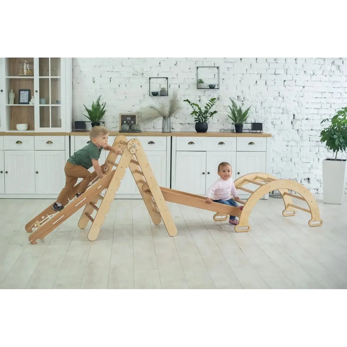 4in1 Montessori Climbing Set: Triangle Ladder + Climbing Arch + Slide Board + Net – Beige