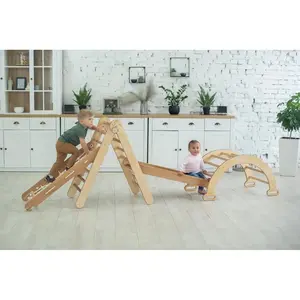 4in1 Montessori Climbing Set: Triangle Ladder + Climbing Arch + Slide Board + Net – Beige