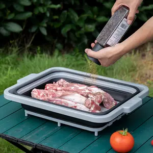 ANJUKE Collapsible BBQ Prep Tub with Lid — 2 Gal (8 L) Foldable Camping Sink & Colander, 4-in-1 Marinating Tub, Cutting Board, Serving Tray & Drink Chiller for Picnic, BBQ & Outdoor  Folding Dish Pan for Maximum Space Saving