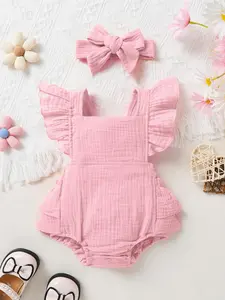 Baby Girl Soft, Comfortable, Cute Ruffled Edge Jumpsuit With Headband Set Suitable For Summer Leisure Vacation Parties