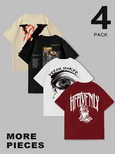 4 Pcs Men's Street Style Graphic Tees, Set Crew Neck Loose Fit Short Sleeve T-Shirts, Streetwear, Perfect for Daily Casual, Gym Workout & Vacation Outfits