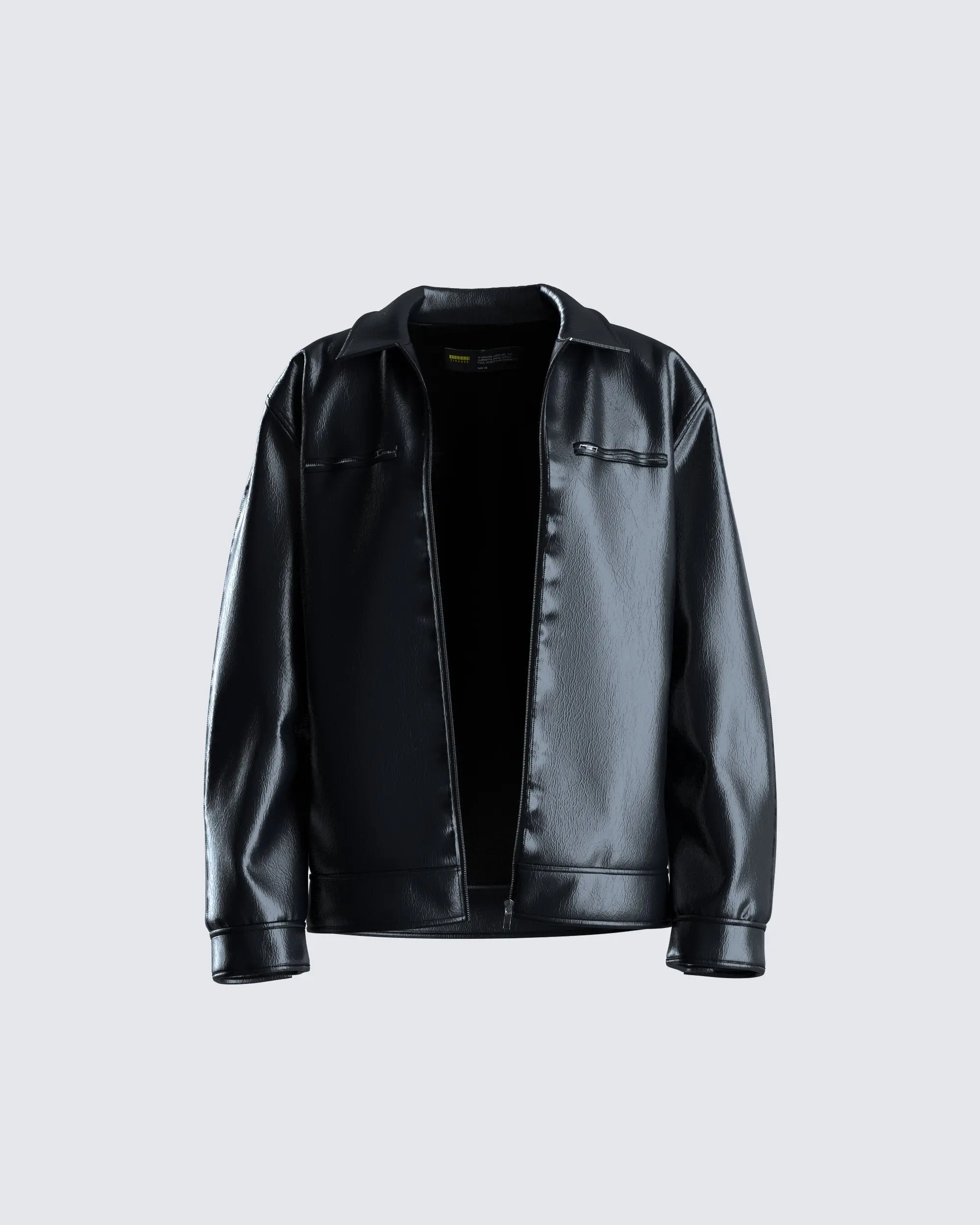 Women's Casual Ribbed Black Faux Leather Bomber Jacket - Shirt Collar, Long Cuffed Sleeves, Full Zipper Closure, Chest Pocket, Polyester Fabric, XS Size Outerwear