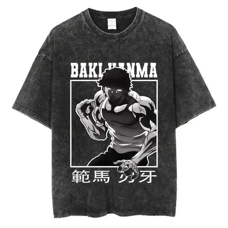 Baki Hanma Shirt, Baki Glowing Eyes Fighting Stance Oversized Tshirt, Vintage Anime Graphic Tee, Acid Wash Streetwear, BAKI HANMA Text Japanese Kanji Framed Box Front Graphic Top, Heavyweight Cotton Harajuku Apparel Unisex Tee