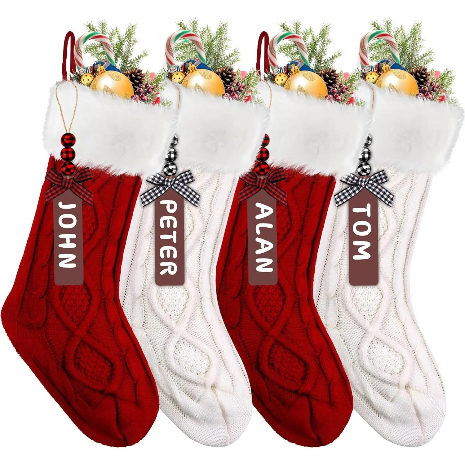 4PACK Christmas Stockings,18Inches Large  Knitted Stocking Personalized Xmas Hanging Stocking Decorations with Name Tags for Holiday Christmas Party Family Decor(Red White)