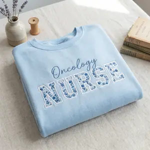 Embroidered Floral Oncology Nurse Crewneck Sweatshirt, Gingham Medical Apparel