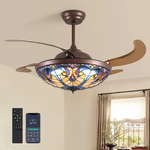 52" Tiffany Ceiling Fan with Lamps Remote Control Dimmable with 4 Reverse Blades for Bedroom, Living and Dining Room Retractable Chandelier