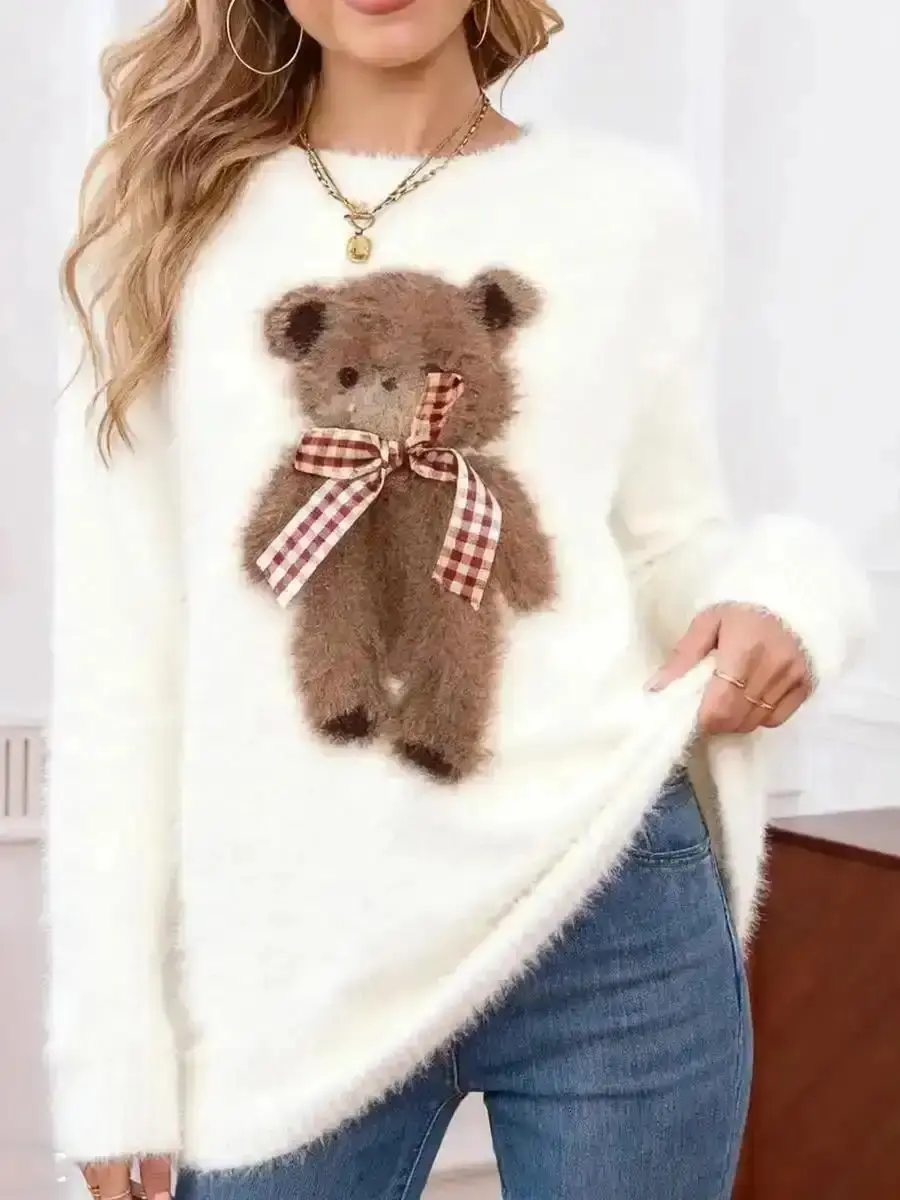 Women's Cute Bear Sweater, Winter Knitwear Pullover with Soft Plush Design for Warm and Cozy Apparel Wear Ladies Chunky Women Fashion Elegant Comfortable Versatile Lightweight Fashionable Trendy Durable relaxed style