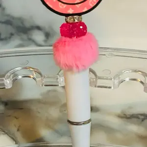 Beadable Pen Simple with Pink Pom Pom Accent and Clear Holder Feature