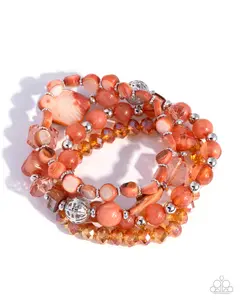 Thriving Tapestry - Orange Acrylic Shell Silver Bead Stretchy Bracelet Stack - Paparazzi