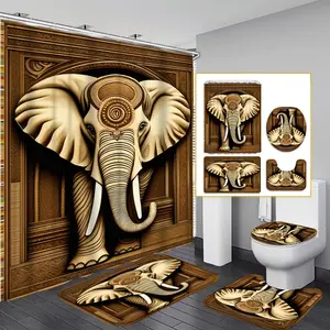 1PC/4PCS 2D Flat Printing Brown and White Elephant Relief Patterned shower curtain, home bathroom decor, shower curtain set with 12 hooks, non-slip bathroom rug, U-shaped toilet seat cover, toilet seat mat.