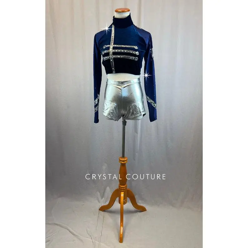 Navy Velvet Military Top and Metallic Silver Shorts