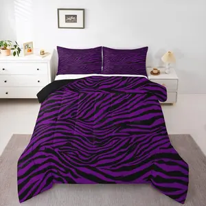 Kids Zebra Comforter Set Leopard Duvet Quilt Black Purple Simple Modern Stripes Bedding Set Animal Print Bedroom Decor Breathable Soft Lightweight