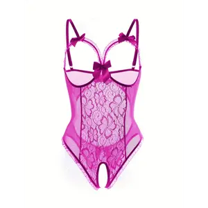 Floral Lace Teddy Bodysuit with Open Bust and Crotch, Hollow Out Open Back Lingerie for Women Fabric