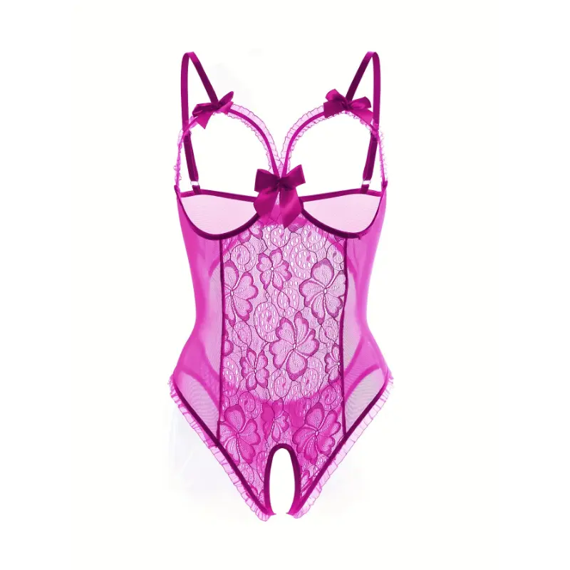 Women's Solid Polyester Knit Fabric Bodysuit, Crotchless Teddy Lingerie with an Open Bust and Hollow-Out Mesh Back