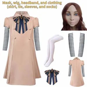 kid girl woman,American horror movie AI female lead same dress+mask wig headband  Halloween festivity  cosplay Party Prop  Halloween Mask