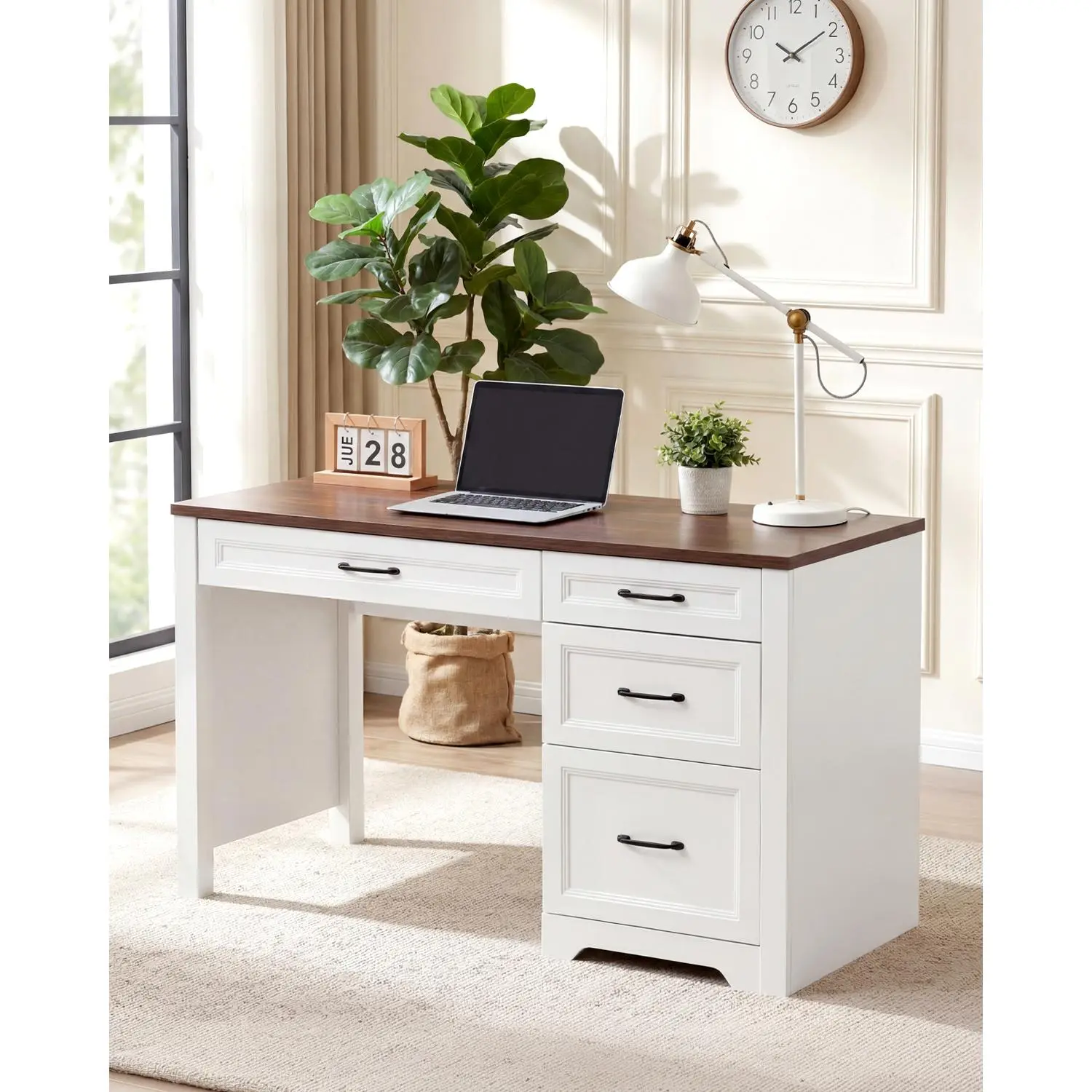 Garvee Space-Saving Farmhouse Executive Desk with File Cabinet – Compact Home Office Writing Desk – Multiple Storage Drawers – Brown Finish, White Wood Tabletop
