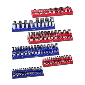 VEVOR Magnetic Socket Organizer Set, 6PCS Socket Holder, 1/4'', 3/8'' 1/2'' Metric SAE Socket Trays with Clear Labels, Hold up to 143PCS Standard Deep Sockets, Blue Red (Sockets Not Included)