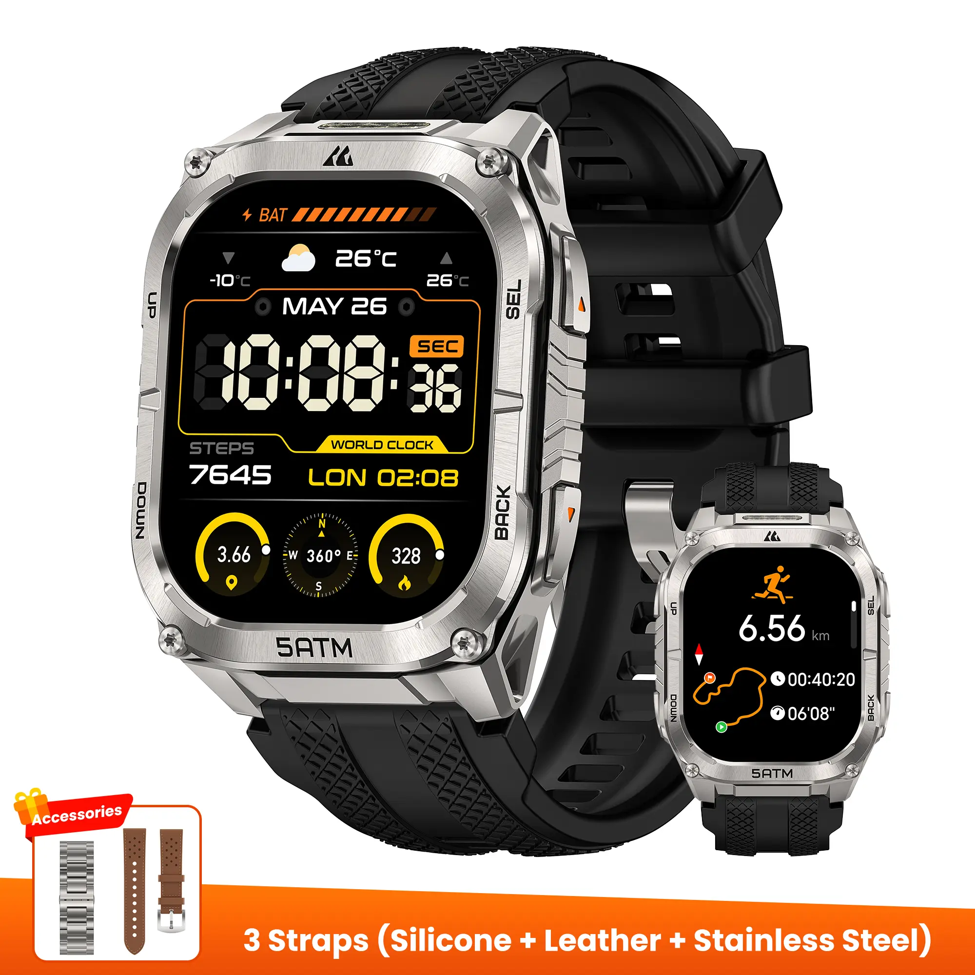 Silver+Stainless Steel Strap+Leather Strap