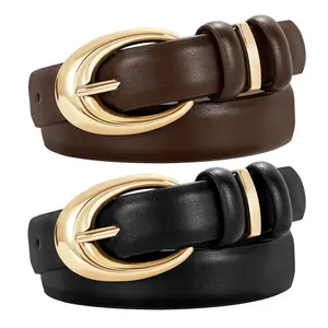 Women Leather Belt for Jeans Pants Fashion Ladies Skinny Faux Leather Belt with Gold Buckle