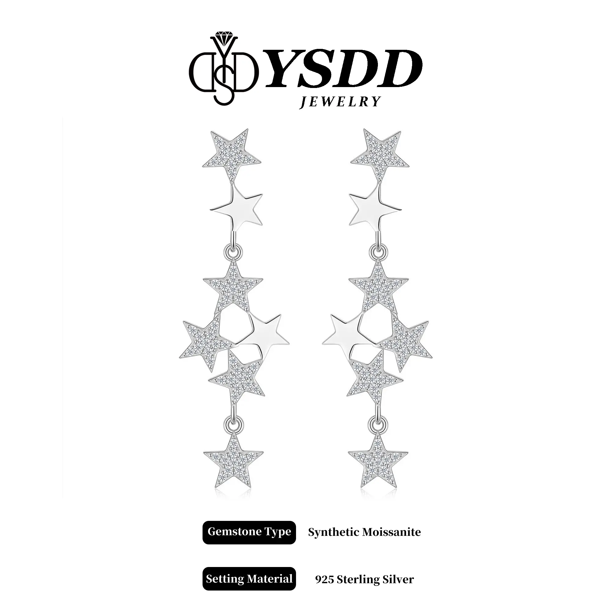 【#644 Super Star】5cm Fancy Full Moissanite Star Dangling Earring vvs Synthetic Moissanite Earrings in 925 Sterling Silver