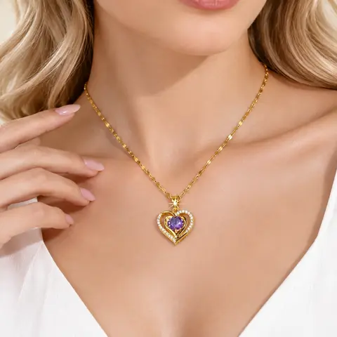 Women's Gold-Plated Heart Shape Pendant Necklace - Purple Cubic Zirconia, Sparkling Rhinestone Clavicle Chain, Dainty Cute, Lightweight Casual Rare Stone Fine Jewelry Gift for Birthday, Holidays, Anniversary