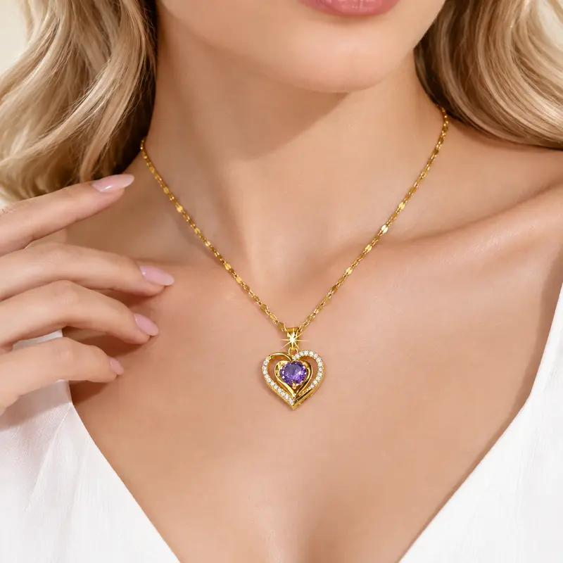 Women's Gold-Plated Heart Shape Pendant Necklace - Purple Cubic Zirconia, Sparkling Rhinestone Clavicle Chain, Dainty Cute, Lightweight Casual Rare Stone Fine Jewelry Gift for Birthday, Holidays, Anniversary