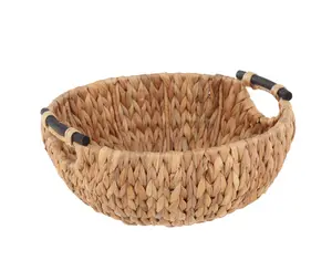 Natural Woven Water Hyacinth Decorative Bowl with Wood Handles