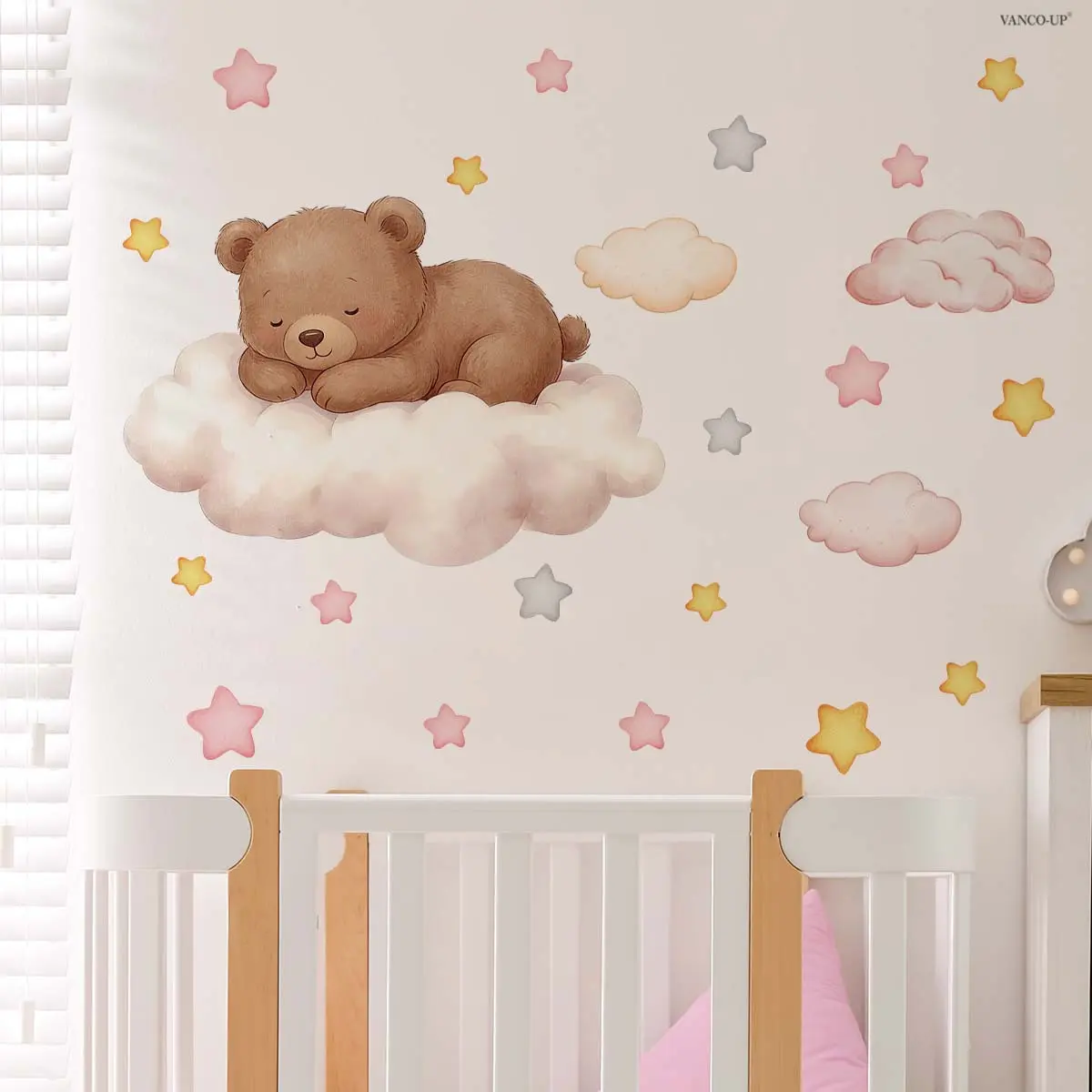 1 Pc (30×60cm) Cartoon Sleeping Bear Clouds Stars Wall Sticker, Wall Decor Sticker for Kids Room & Nursery, Decorative Stickers