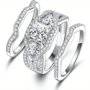 MDFUN Princess Cut Pear Cut Three Stones Three-In-One Square Cubic Zirconia Promise Eternity Ring Set for Women Size 5-10  Mother Day Birthday Christmas Gift R-1006-W