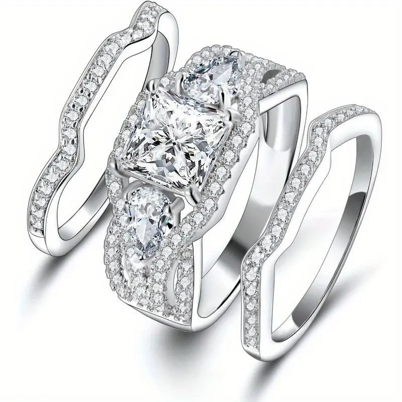 MDFUN Princess Cut Pear Cut Three Stones Three-In-One Square Cubic Zirconia Promise Eternity Ring Set for Women Size 5-10  Mother Day Birthday Christmas Gift R-1006-W
