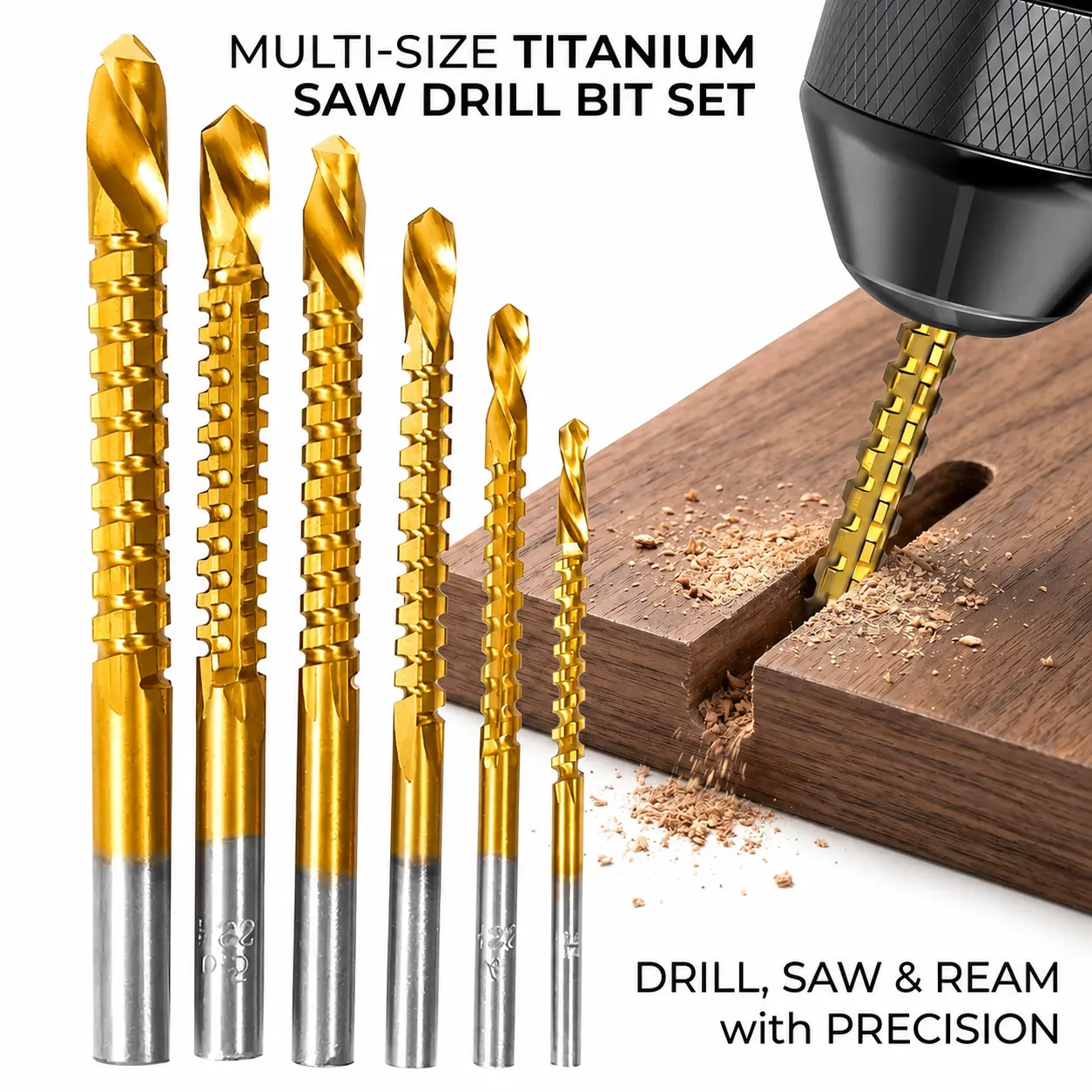 6 PCS Titanium-Plated High-Speed Steel Drill Bits Set Metalworking & Wood Drilling Sharp Serrated Design Anti-Rust Coating Power Tool Accessories-YY1