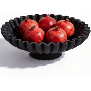 9.5" Large Decorative Bowl - Scalloped Pedestal Bowls for Home Decor, Key Bowls for Entryway Table, Decorative Fruit Bowl for Kitchen Counter, Resin Black Ruffle Coffee Table Decor