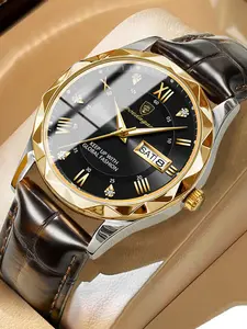 Luxury Business Waterproof Quartz Watch for Men, High End Watch, Luminescent Date & Day Display, Stylish Leather Strap, Perfect for Formal Occasions